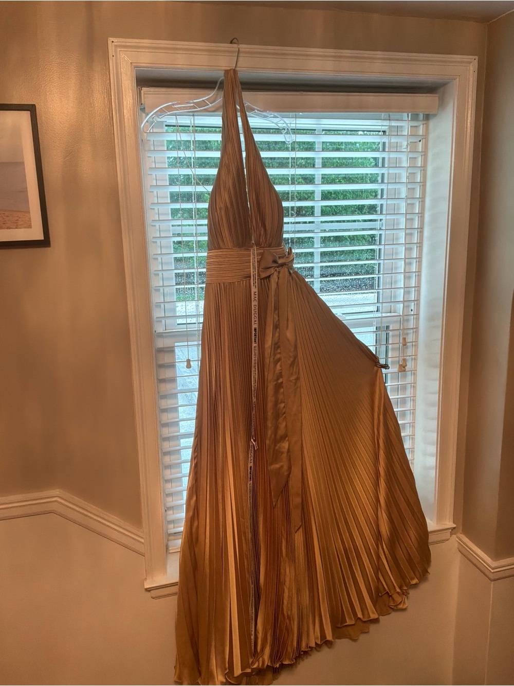 Mac Duggal Metallic Gold Pleated Halter Gown with Bow - Picture 2 of 2